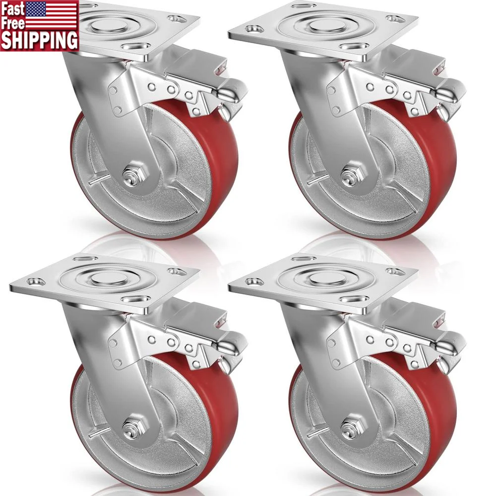 Set of 4 6 Inch Heavy Duty Caster Wheels Lockable Brake Swivel Plate PU on Steel 1250 lbs Capacity Toolbox Workbench Furniture