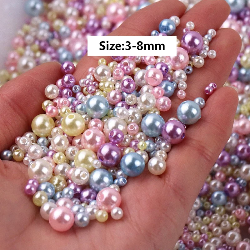 3-8mm 10g Circular ABS Imitation Pearl With Hole Plastic Water Grinding High Gloss Loose Bead Clothing DIY Accessories