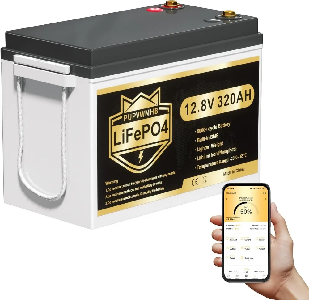 12V 320Ah Lithium LiFePO4 Battery, Built-in Smart 200A BMS, Up to 15000 Cycles, 4096Wh- Energy for Solar RV Camping Off-Grid