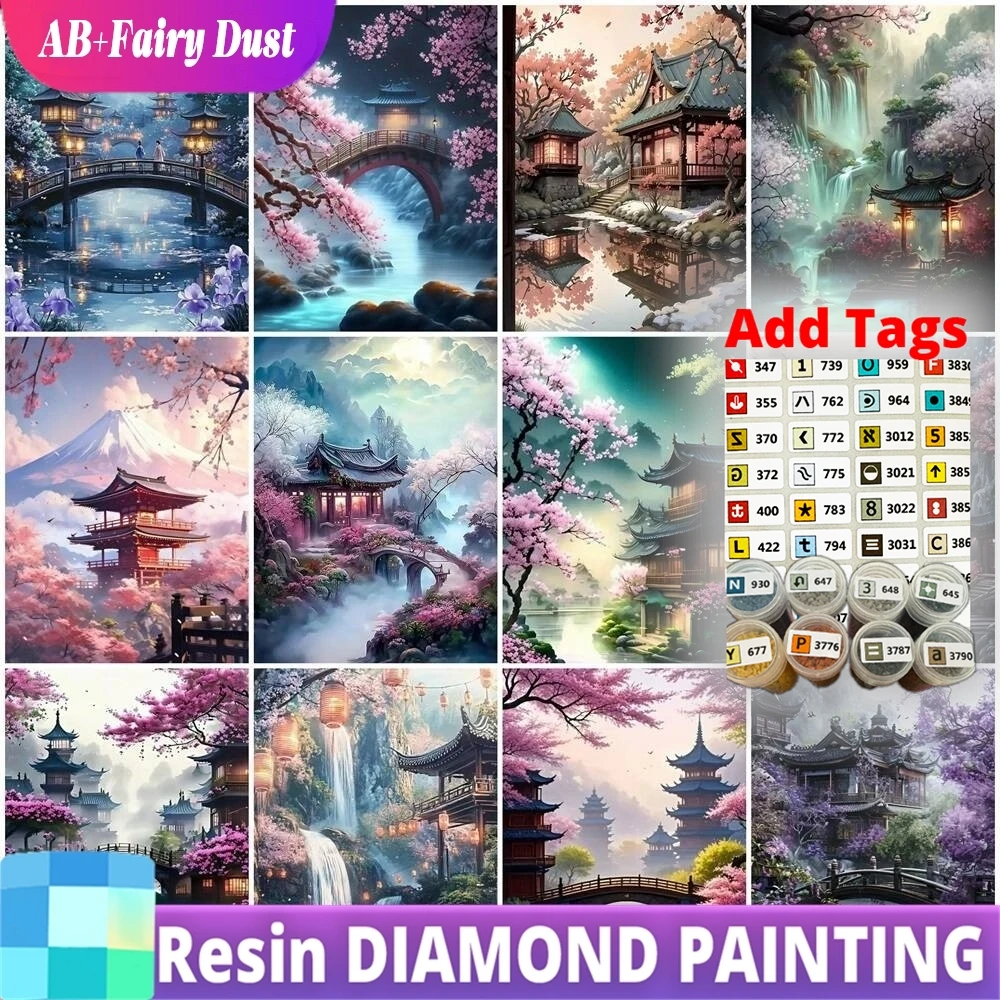 

Алмазная вышивка Resin Fairy Dust AB: Домик, павильон, пейзаж, полная выкладка, дерево, гора, водопад