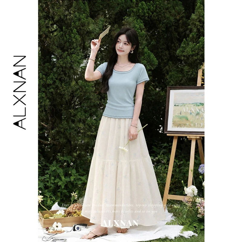 ALXNAN  Women's T-shirt 2026 New Summer Square Neck Short Sleeve Tees Color Block Slim Fit Blue Design Sense Ladies Tops L67057A