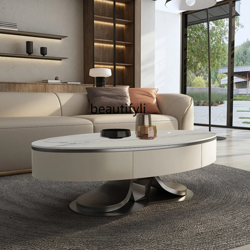 

Modern Simple Stainless Steel Oval Stone Plate Living Room Artistic Italian Light Luxury Tea Table