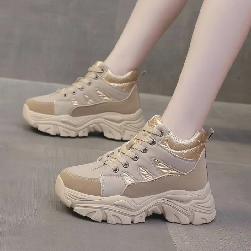 

Clunky Sneakers Women Height Increase Autumn Winter 2025 New Thick Sole Fleece Lined High Top Casual Shoes Versatile