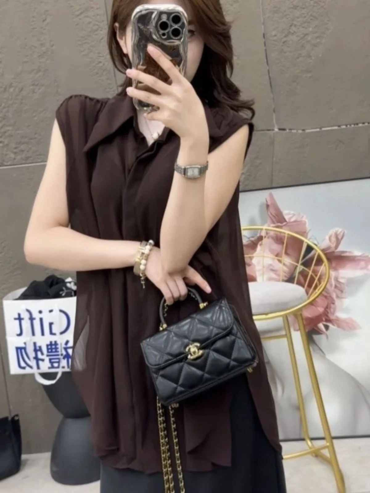 

Ele Loose Women's irt Summer 2024 Svel Waist-Cinching Transparent Design Collar Casual Slimming Top