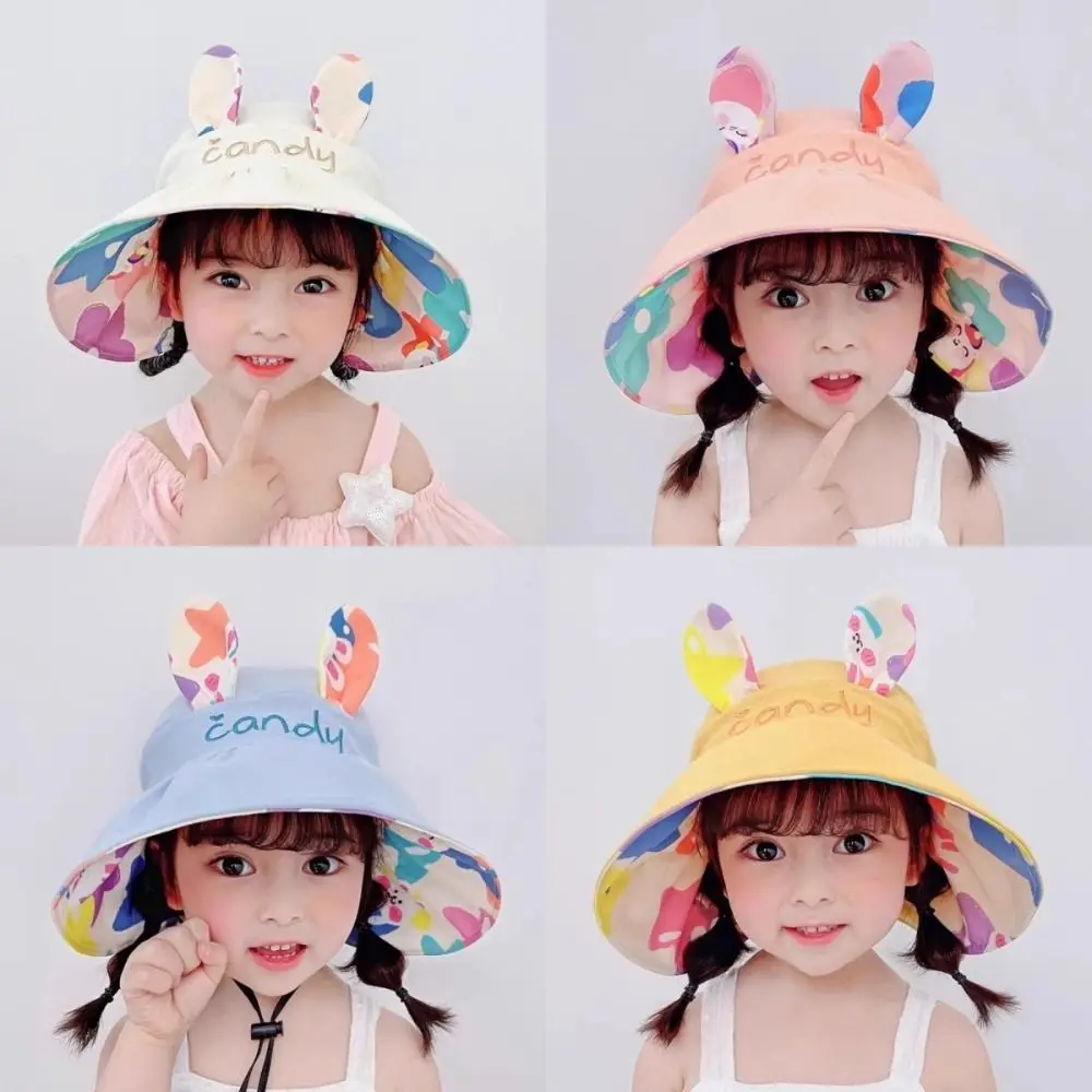 Double-sided Children Sun Hat Wide Brim Adjustable Size Sunscreen Cap UV Protection Empty Top Rabbit Ears Sun Hat Travel Use