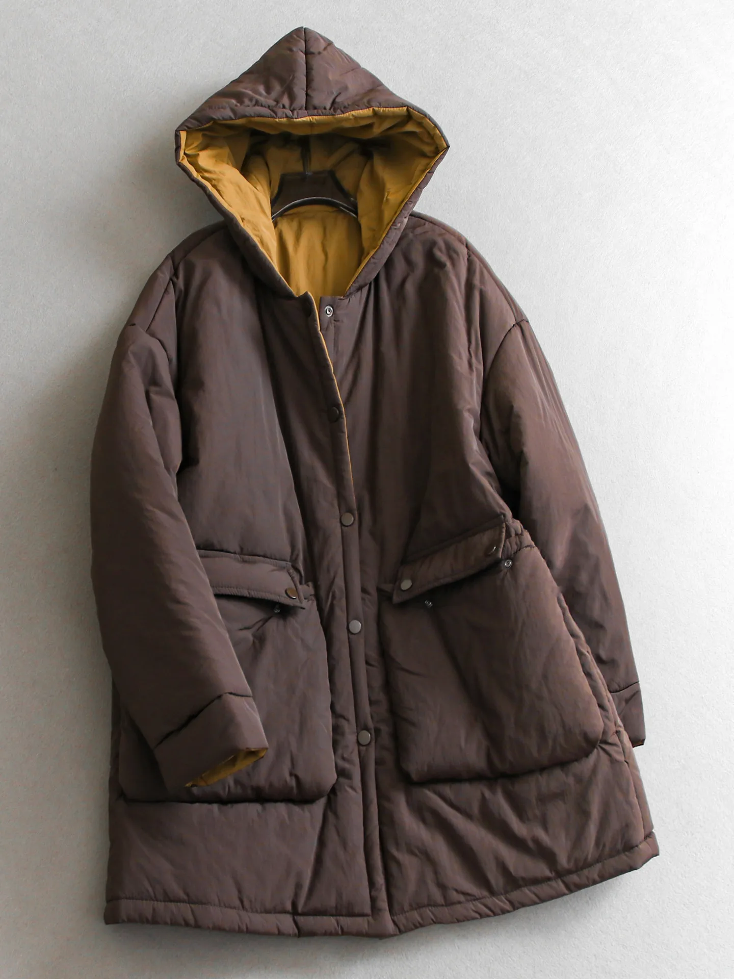 Double-Sided Wear Symmetrical Large Pocket Hooded Mid-Length Thickened Warm Long Sleeve Women's Cotton Jacket Q051