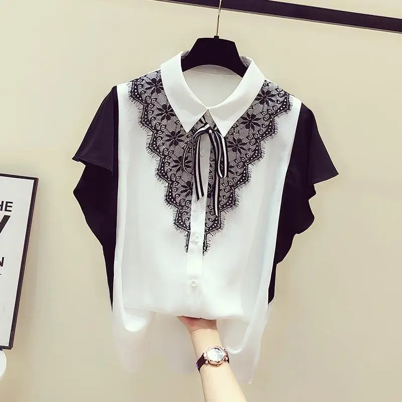 Women\'s Clothing Korean Patchwork Elegant Lace Shirt Commute Single-breasted 2024 Summer Casual Butterfly Sleeve Lapel Blouse