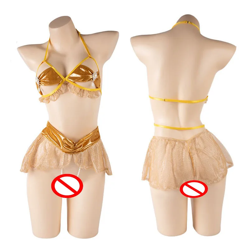 

Sexy Bikini 2026 Women Gold Dancer Bikini Low Waist Short Skirt Pearl Hollowed Out Bra Summer Backless Lingerie Exotic Apparel