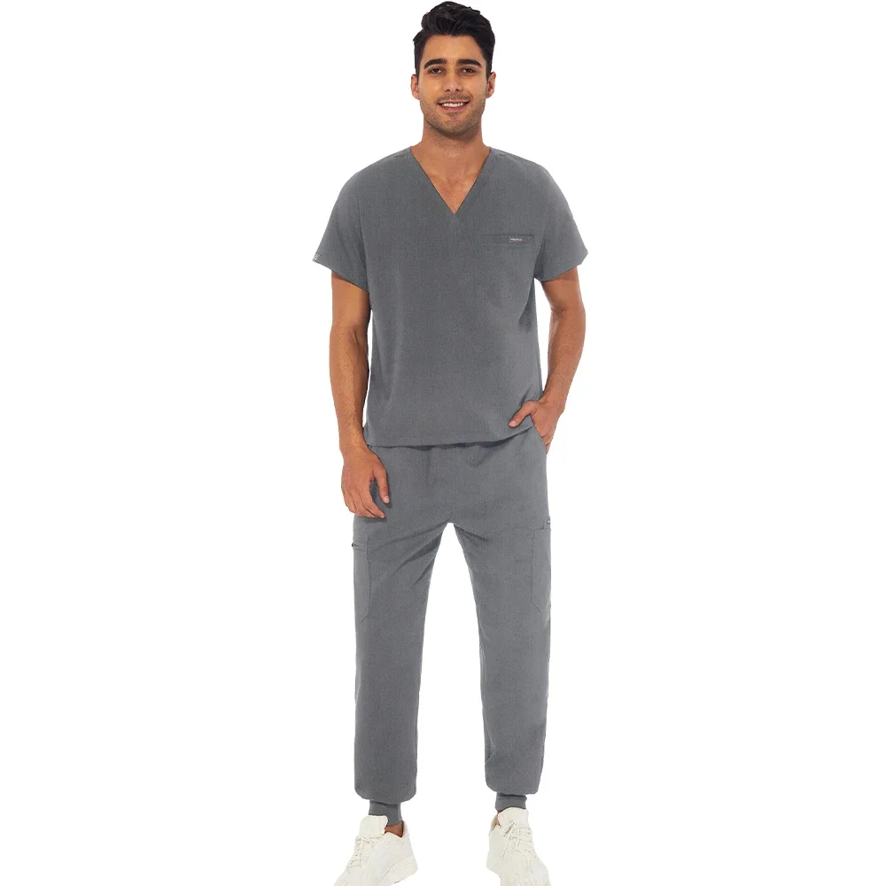 Men Pocket Nursing Uniform Nurse Short Sleeve V-neck Scrub Tops Doctor Working Clothes Medical Scrub Pants Uniforms Blouse Sets