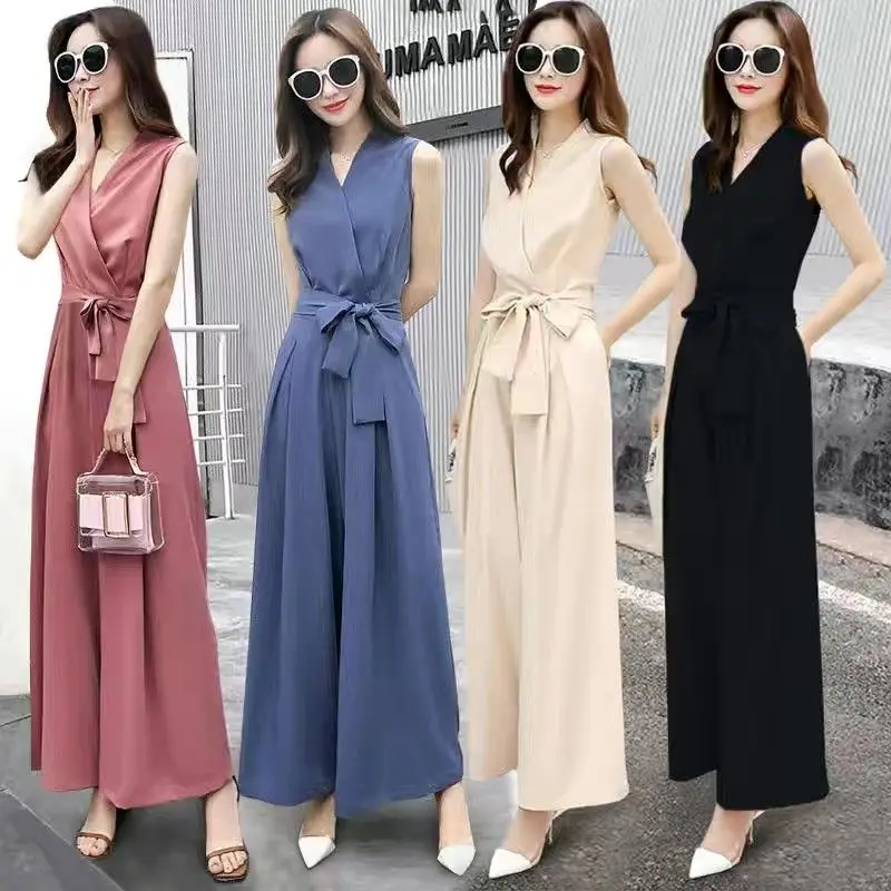 Women's Wide Leg Jumpsuits Elegance Summer Clothing 2024 New Ruffles Sleeveless Tops V-neck Slim Fashion Bodysuit Party Rompers