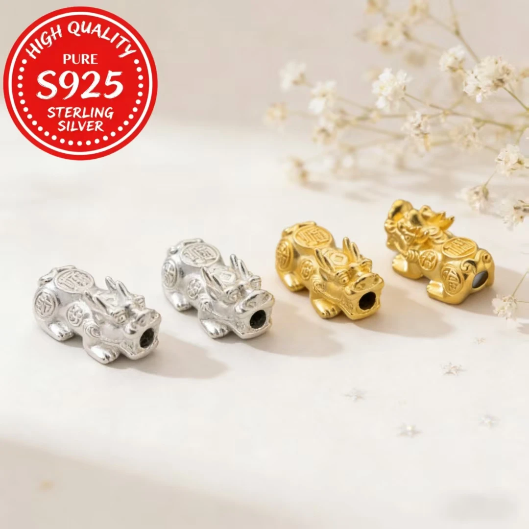 

3D PiXiu Bead Spacer, 925 Sterling Silver Gold Plated Open Hole Loose Beads, for DIY Bracelet Stringing, Christmas Birthday Gift