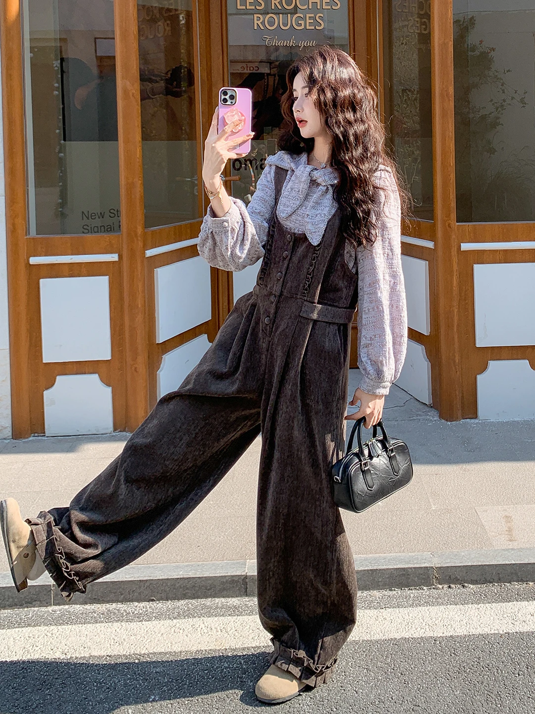 

Khaki Retro Corduroy Bib Overalls Set Women Spring 2026 New Doll Collar Top And Pants Two Pieces Set Casual Loose Fit High Waist