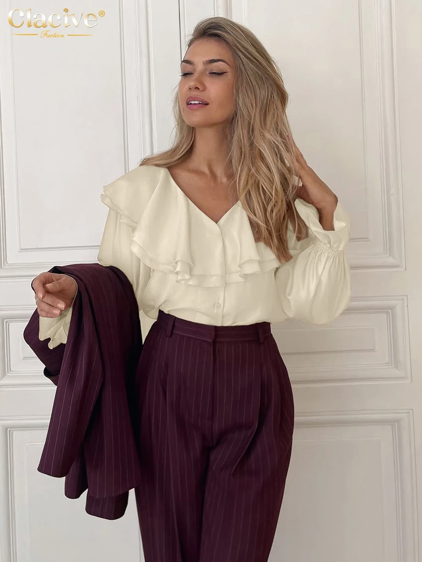 

Clacive Fashion Loose Beige Women's Shirt 2026 Casual V-Neck Long Sleeve Lady Shirts Elegant Classic Solid Top Female Clothing