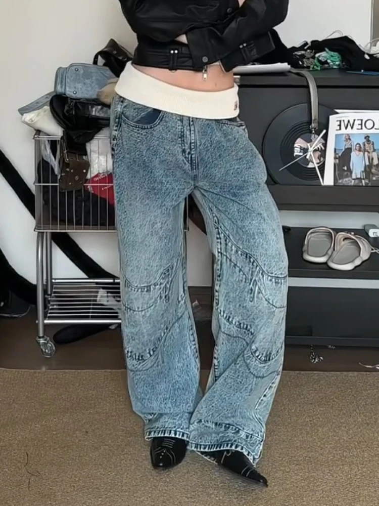 Loose Lazy American Retro Denim Jeans Women Summer New Style Spicy Girl Cuffed Waist Floor-Length Pants Natural Waist