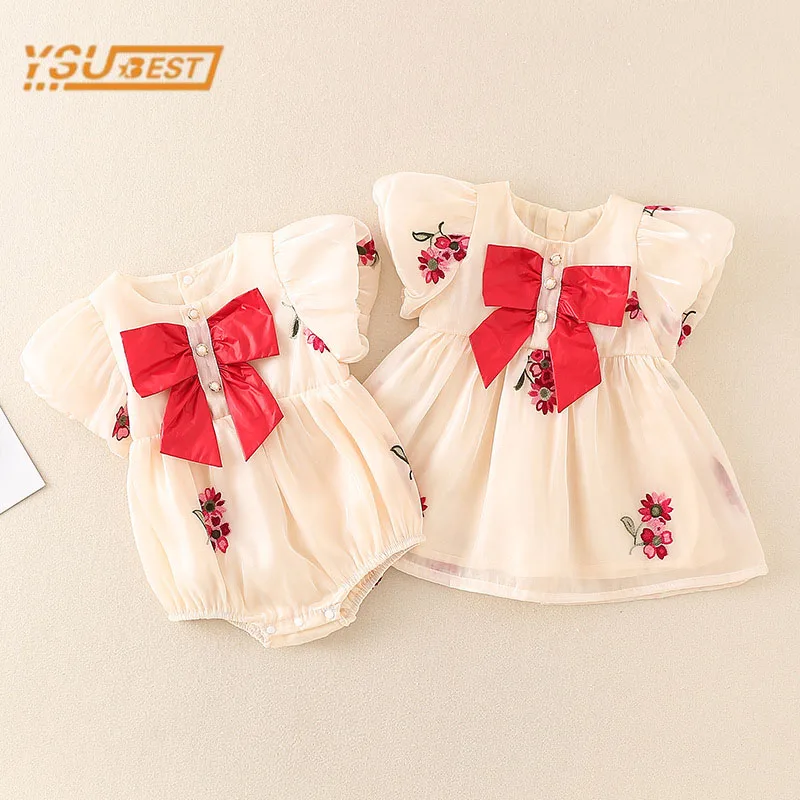 

Infant Baby Girls Short Sleeve Sister Printing Bowknot Jumpsuit Newborn Baby Girls Dress Clothes Rompers Kids Baby Girls Rompers