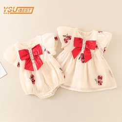 Infant Baby Girls Short Sleeve Sister Printing Bowknot Jumpsuit Newborn Baby Girls Dress Clothes Rompers Kids Baby Girls Rompers