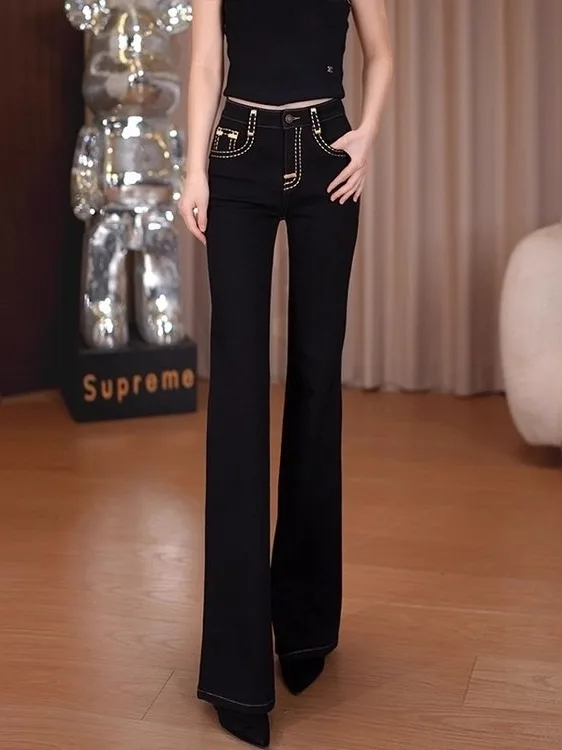 Black High Waist Bell Bottom Jeans Women's Spring 2026 New Slimming Straight Leg Long Pants Casual Style Classic Blue Denim