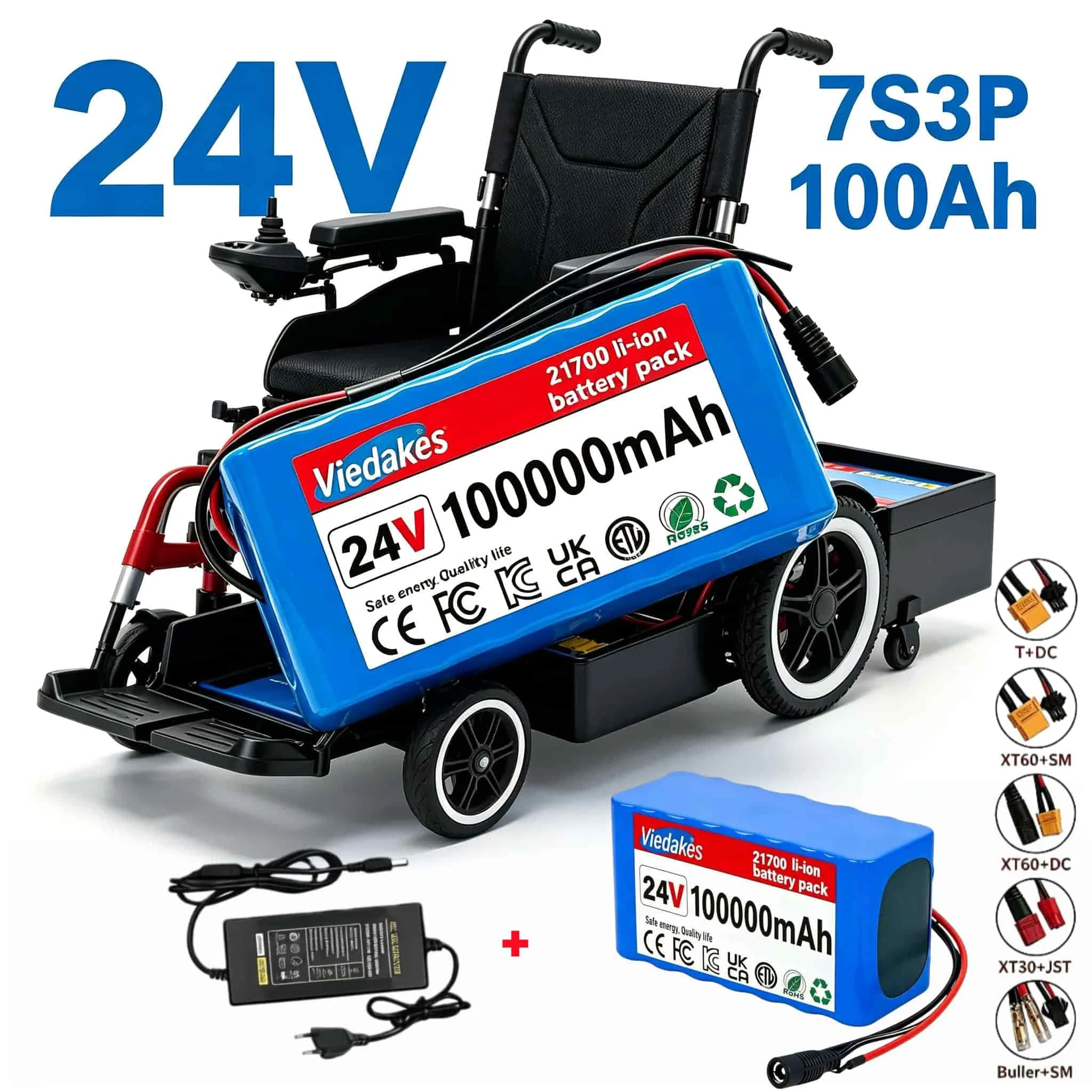 Viedakes 7S3P 24V 100Ah 21700 Lithium Battery Built-in BMS Multi Connectors For Electric Toy Car And Scooter