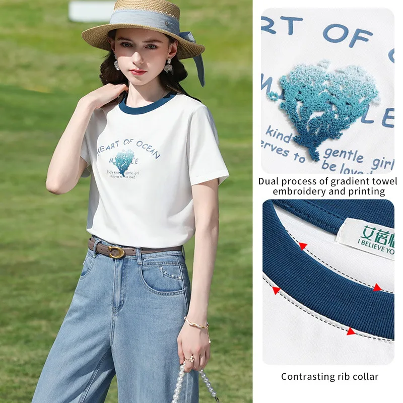 I BELIEVE YOU Short Sleeve Round Neck T-Shirt 2026 Summer New Contrast Color Collar Gradient Embroidery Top For Women 2262016224