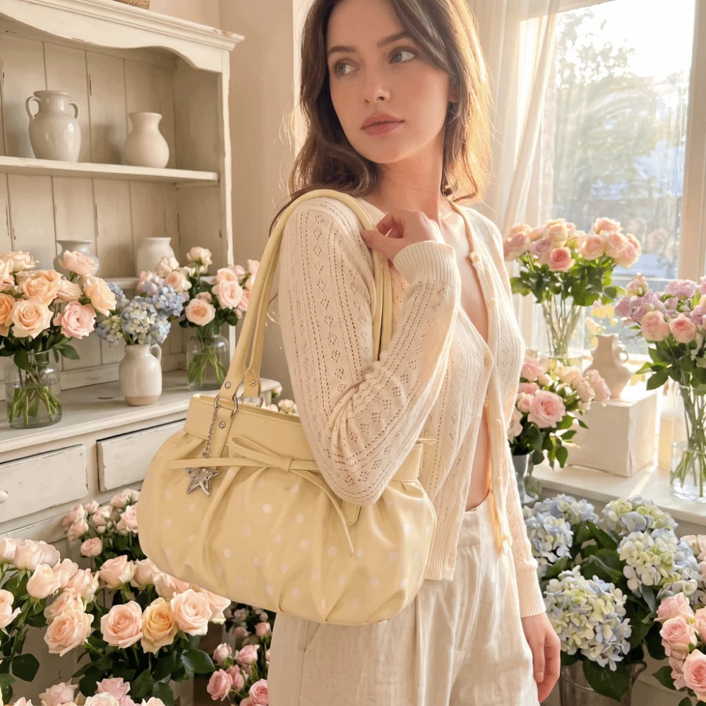 Korean Style Sweet Polka Dot Shoulder Bag PU Large Capacity Ruched Underarm Bag Bow Decor Star Pendant Tote Bag Date