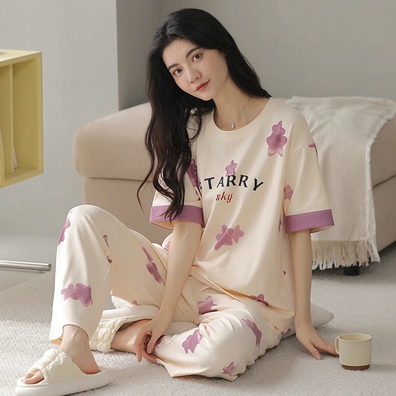 Women's Elegant Print Cotton Pajama Set O Neck Short Sleeves Sleeping Top and Long Pants for Comfortable Lounging Sleepwear
