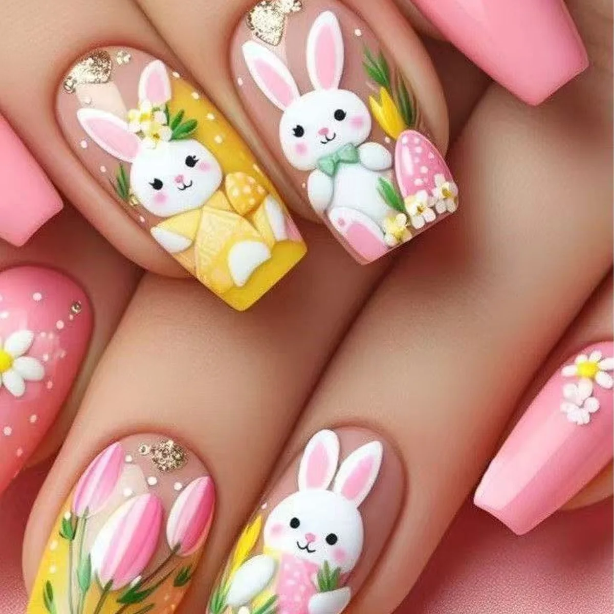 24pcs Paasdag Kunstnagels Zoet Roze Konijn Bloemen Print Nepnagels Tips Dames Draagbaar Afneembaar Lente Schattig Druk op nagels