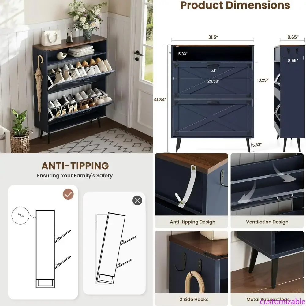 

Freestanding Farmhouse Shoe Organizer with 2 Drawers and Open Storage