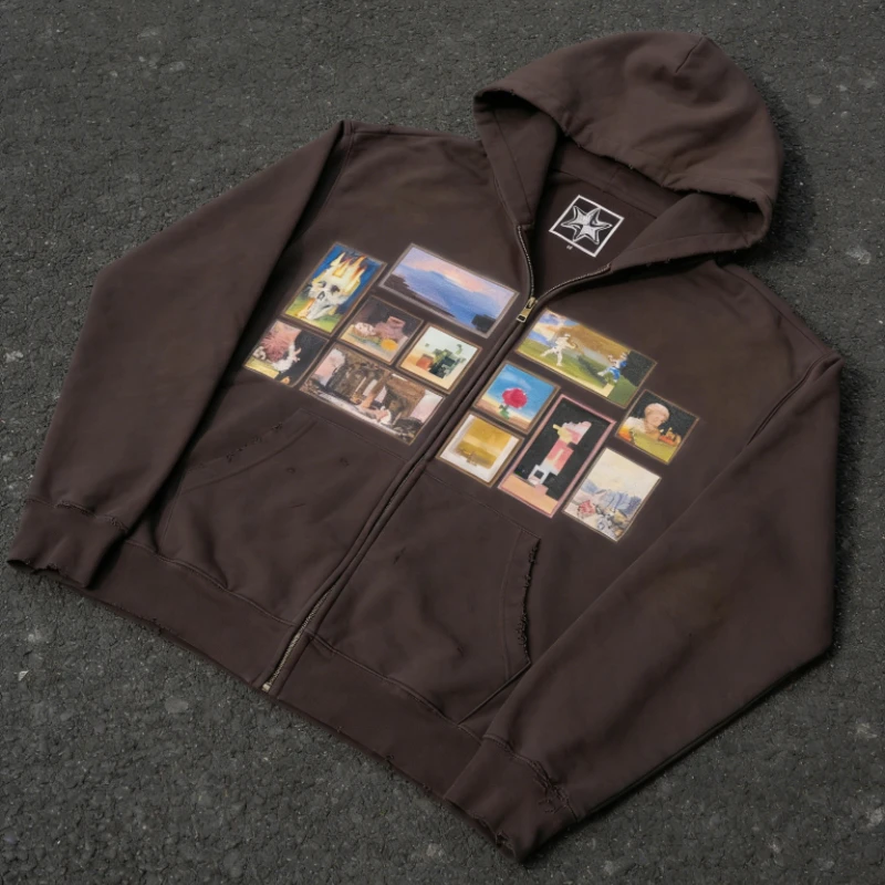 Y2K Retro Brown Washed Hoodie Pixel Paint Print Gallery Zipper Sweatshirt Trendy Distressed Streetwear Unisex Oversize Clothing