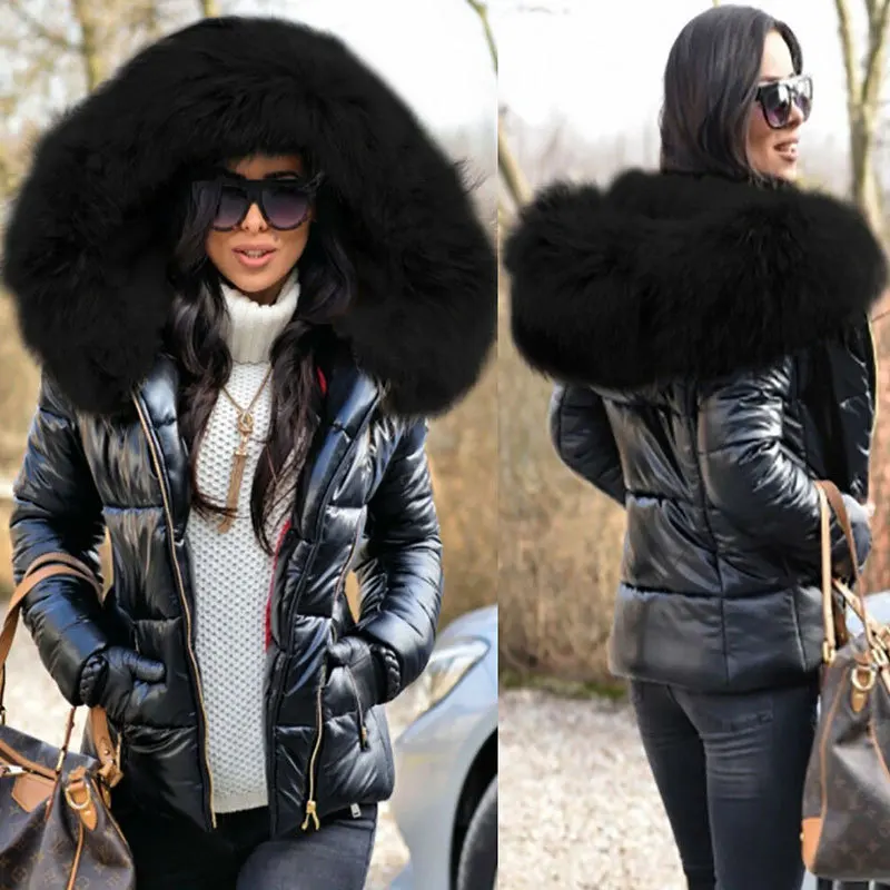 2025 Winter New Women's Short Puffer Jacket with Faux Fur Hood, Slim Fit Casual Solid Color Outerwear