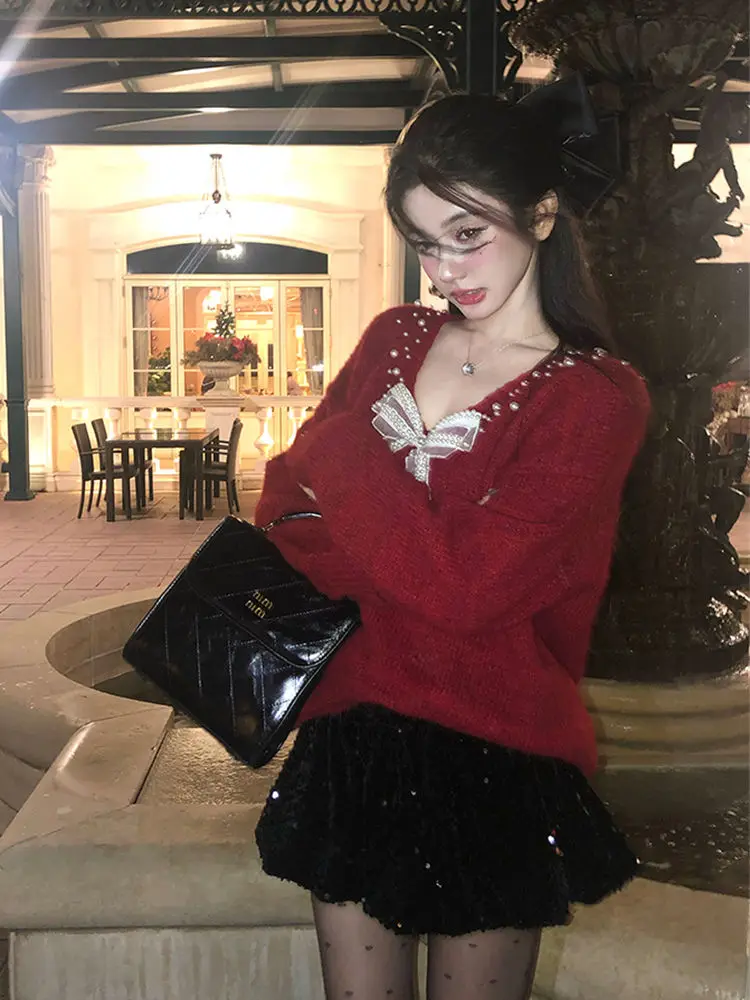 Sweater Natal Rajutan Pita Atasan Gaya Prancis Elegan Pakaian Musim Dingin