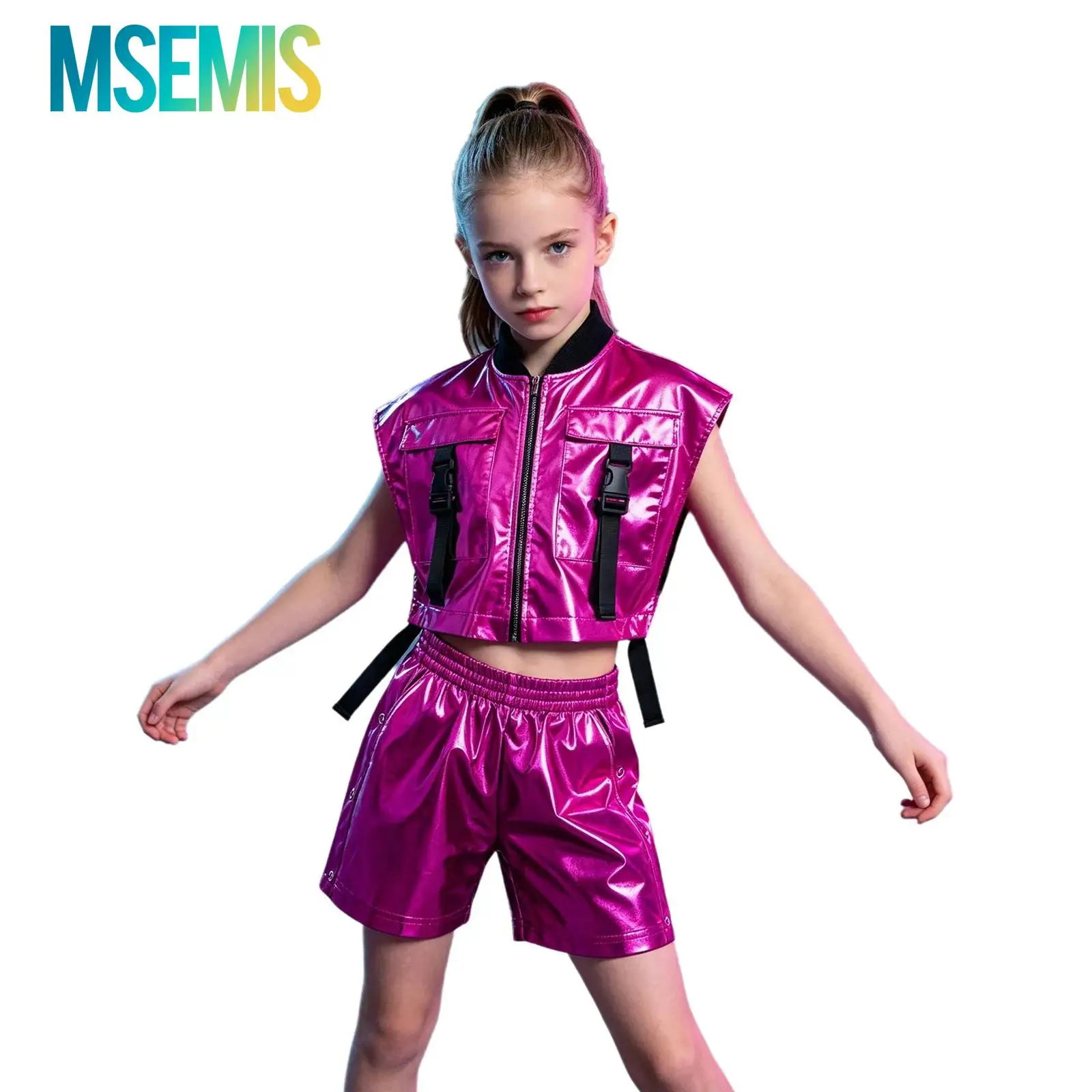 Kids Girls Hip Hop Jazz Dance Outfit Performance Costume Sides Open Zipper Metallic Vest with Side Press Buttons Shiny Shorts