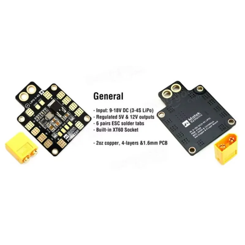 Genuine original Matek Systems PDB XT60 With 5V & 12V BEC ,Input voltage range (3S-4S LiPo operation): 9 – 18V DC