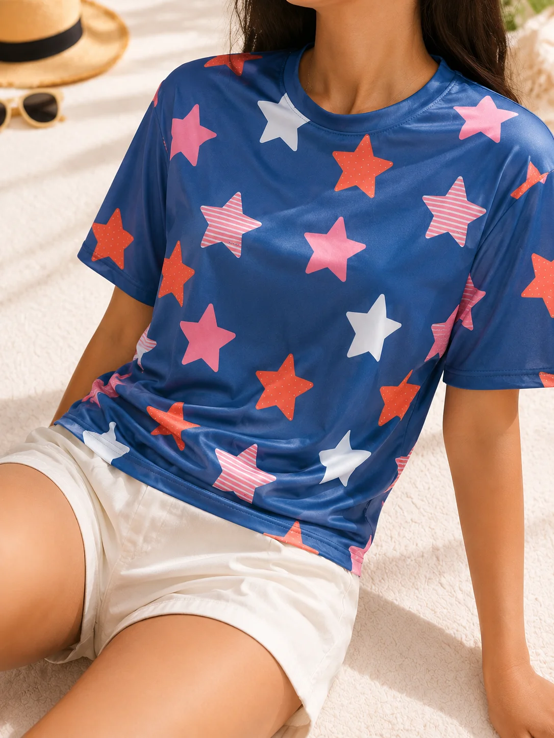 Summer New Cute Style Short-Sleeved Women's Home Wear Tops, Simple Blue Star Print T-Shirt, Fashionable Casual Round Neck Short-Sleeved Shirt