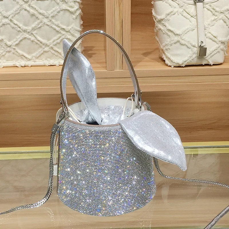 Premium Mini Rhinestone Bag, Women's Chain Crossbody Bucket Bag,  New Fashionable Portable Dinner Bag Mobilephone Bag