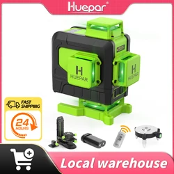 Huepar 4D 16 Lines Green Laser Level Vertical and Horizontal Self-leveling with Remote control &Li-ion battery Floor Laser Tool