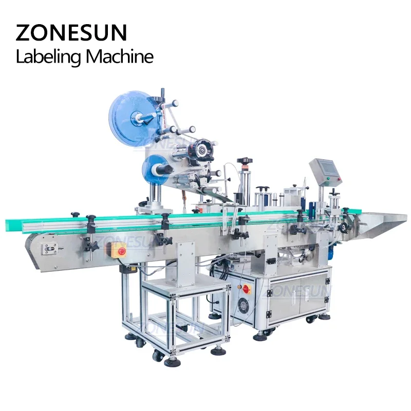ZONESUN Automatic Labeling Machine Dual Use ZS-TB800 Automatic Round Bottle And Flat Cap Label Applicator Two Side Labeling