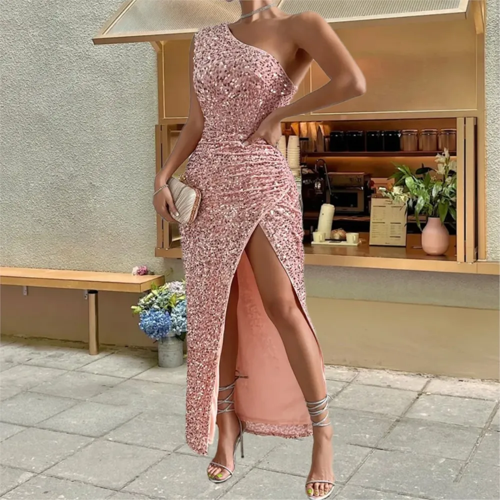 Sexy Dress Sequined One-shoulder Sleeveless Slim Elegant Slit Robe Party Nightclub Date Shopping Daily Women's Evening Vestidos - view 4