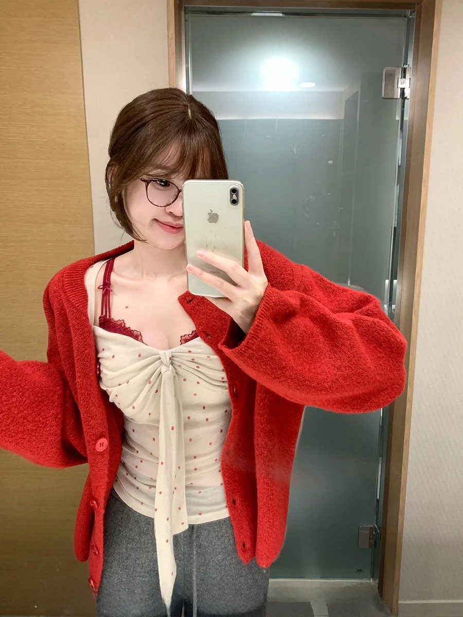 

Stberry Sundae CallmeEar Knitted Open Cardigan Women's Winter Slimming Long Sve Sweater Versatile Fem Knitwear