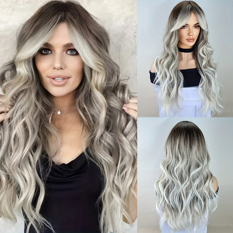 

Long Gray Blonde Synthetic Wig for Women - Natural-Looking Curly Wave Hairpiece with Bangs, Versatile Hairpiece, Secure Fit Cap