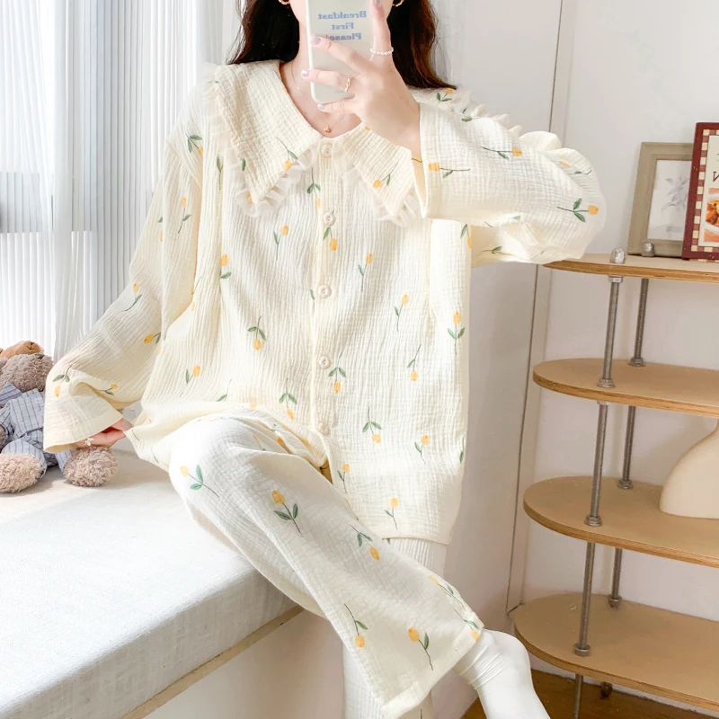 100% Gauze Thin Cotton Maternity Nursing Sleepwear Sets Sweet Loose Pajamas Pants Suits Summer Pregnancy Sleep Home Lounge Wear