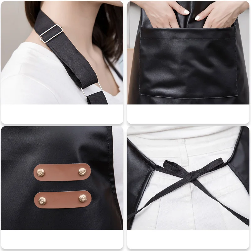 PU Leather Waterproof and Oil Resistant Apron Kitchen Workwear Home Cooking Cleaning Unisex Sleeveless Apron Adjustable