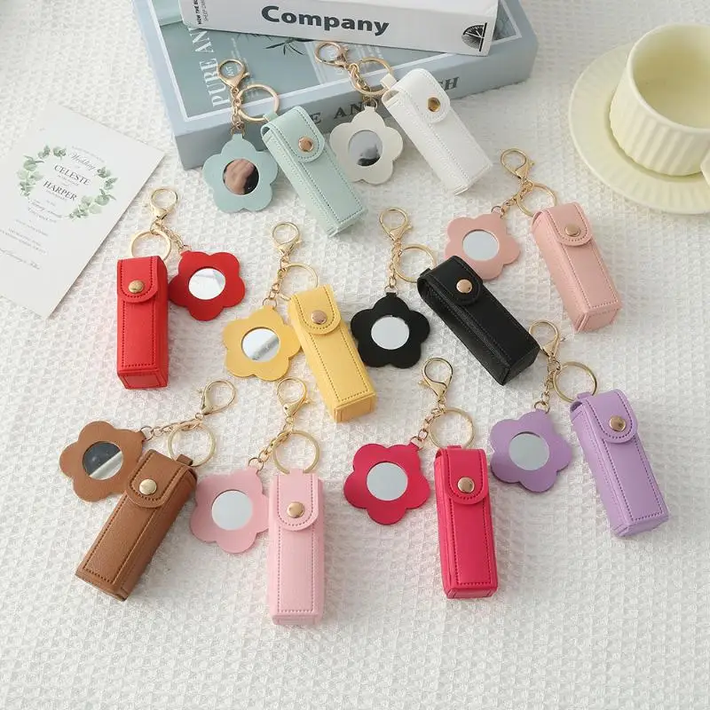 Solid Color Portable Lipstick Bags Wallet Keychain Mini Storage Bag For Women Lipsticks Protective Cover With Mini Makeup Mirror