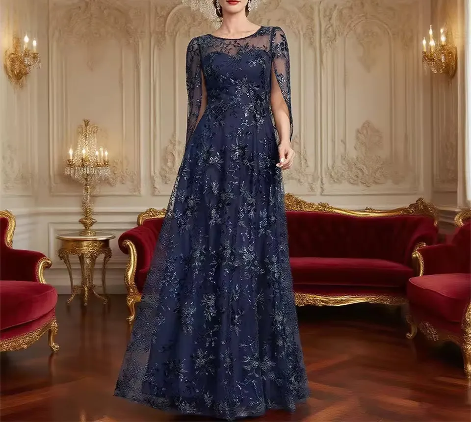 

Customized Navy Blue Mother of the Bride Dress Appliques Lace A-line Floor length Wedding Guest Dress Formal Party Evening Dress