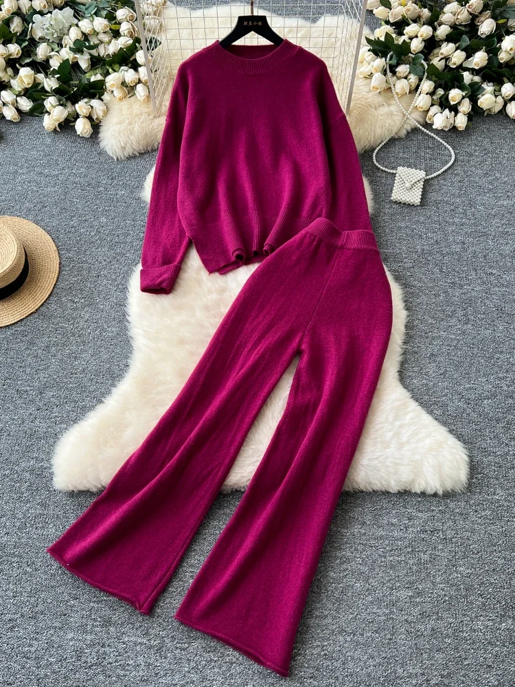 Casual Cashmere Women Knitt Suits Solid Loose Pullover+Wide Legs Long Pants 2024 Autumn Winter Thick Sweater Basics 2 Piece Set