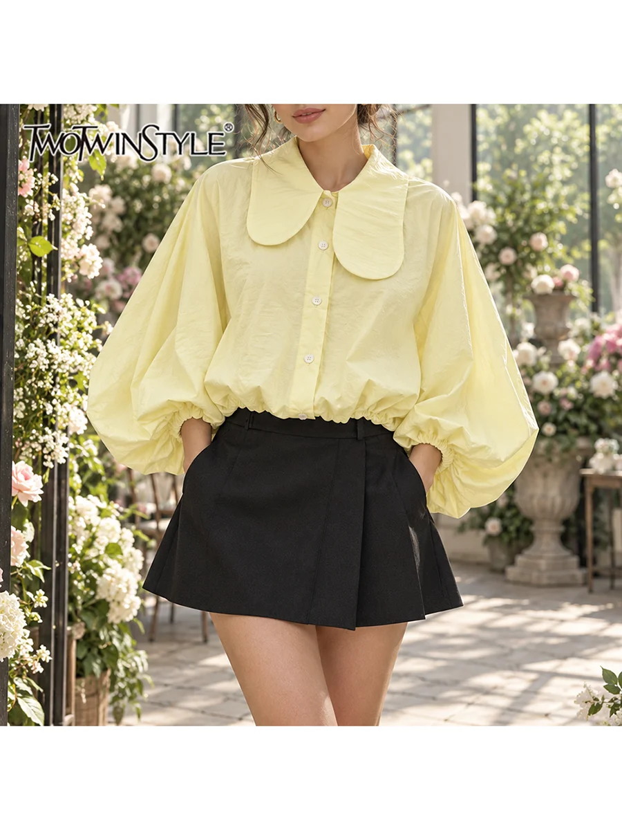 TWOTWINSTYLE Solid Spliced Ruched Loose Blouse for Women Lapel Collar Lantern Long Sleeve Patchwork Button Casual Blouses Female