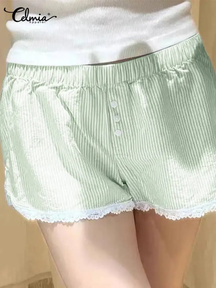 Celmia  2024 Summer Patchwork Stripe Shorts Women Casual Lace Hot Pants Home Sleep Wear Fashion Loose Elastic Waist Shorts Femme