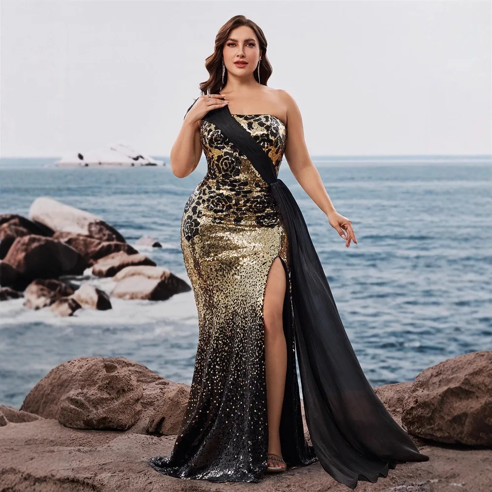 One Shoulder Chiffon Sash Ombre Floral Sequin Mermaid Dress Black Gold Plus Size High Side Slit Floor Length Cocktail Gown