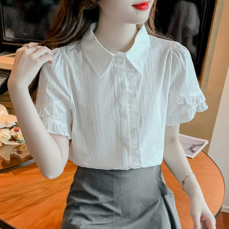 

Summer New Solid Color Ruffles Short Sleeve Elegant Shirts Women Fashion Slim Pure Cotton Comfortable Thin Tops