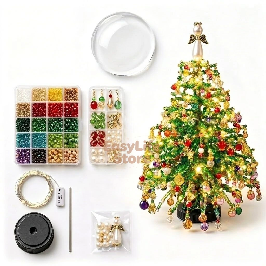 DIY Beaded Christmas Tree Kit – Color Pearl Crystal Bead Holiday Craft Set with LED Lights, Home Decor Gift for Adults & Kids