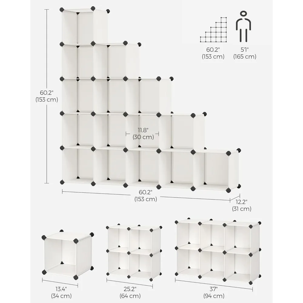 Book Shelf Cream White Set of 16 Plastic Cubes Bookcase 12.2 X 48.4 X 48.4 Inches Bedroom Living Room Organization Storage Home